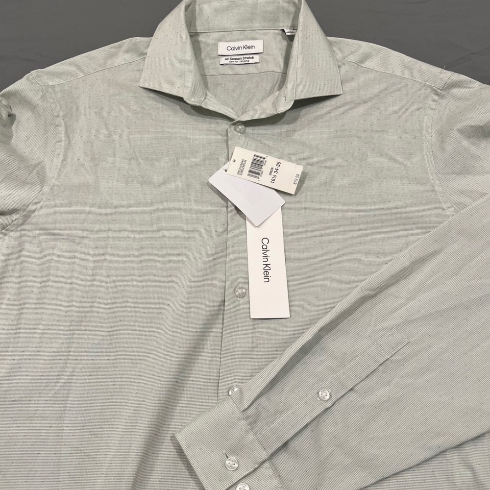 Calvin Klein Mens Slim Fit All Season Stretch Dress Shirt Sage Green 16.5 34-35